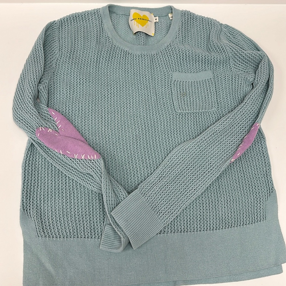 Seafoam Knit Long Sleeve Sweater with Pink Elbow Patches